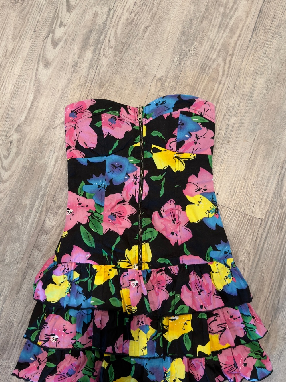 Strapless Floral Ruffle Dress - Black with Pink, Yellow & Blue Flowers